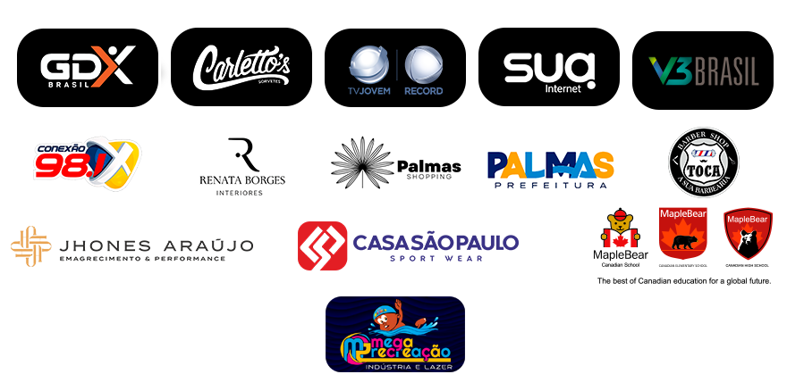 Logos dos apoiadores da Copa Futebol Campeão: GDX Brasil, Carletto's, TV Jovem, Record, Sua Internet, V3 Brasil, Conexão 98, Renata Borges Interiores, Palmas Shopping, Prefeitura de Palmas, Toca Barber Shop, Jhones Araújo, Casa São Paulo Sport Wear, MapleBear e Mega Recreação